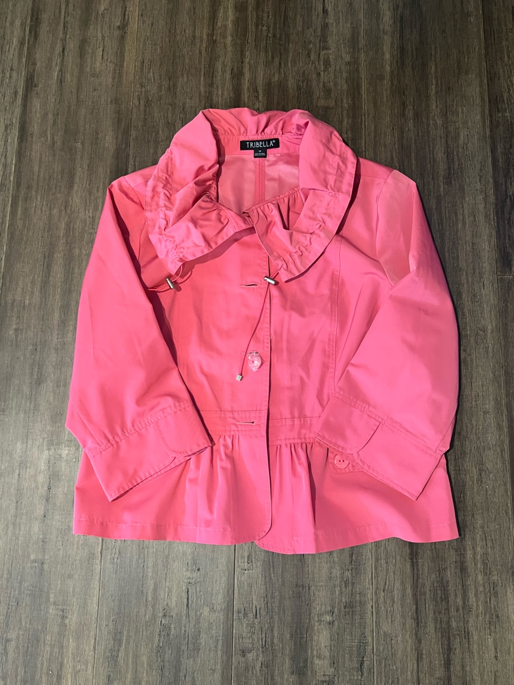 Coral pink ruffled Tribella women’s ladies  rain jacket coat sz 14 like New